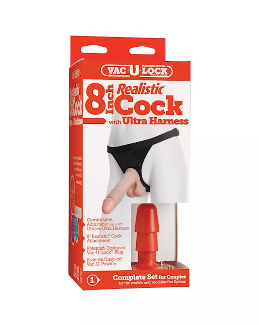 Vac-U-Lock 8 Inch Realistic Cock With Ultra Harness